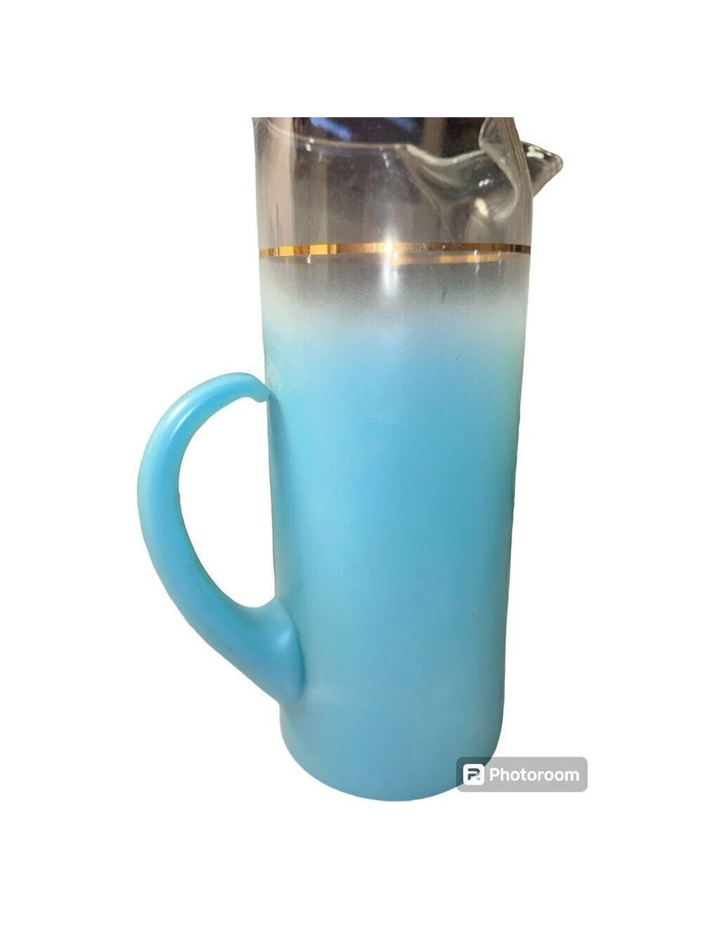 Vintage Blendo glass pitcher handle spout gold trim blue frosted eleven inch